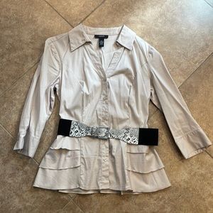 3/4 length sleeve taupe shirt with belt size 10p